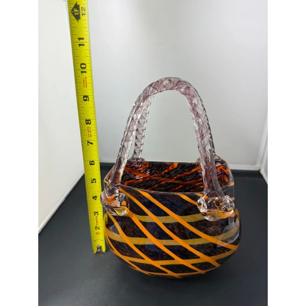 Fifth‎ Avenue Crystal Glass vase Purse Orange Black Swirl Twisted Handles